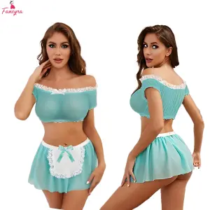 Fancyra Women Maid Costume Lace Lingerie Set with Top and Mini Skirt