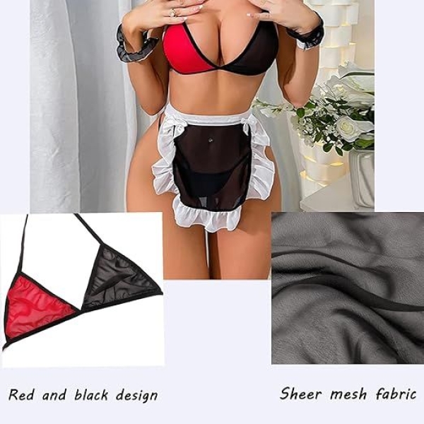 Fancyra Women Maid Lingerie Costume Bra Panty Bikini Set Hand Bands and Apron - Image 5
