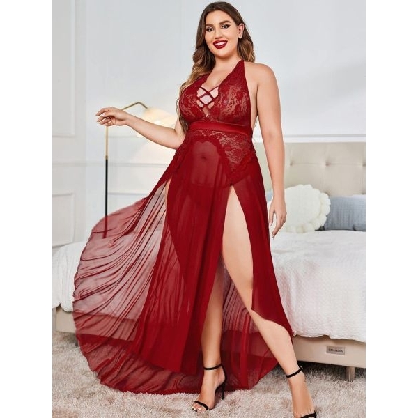 Fancyra Women Maroon Chemise Lace Split Long Maxi Baby Doll Dress Lingerie Nighty - Image 2