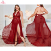 Fancyra Women Maroon Chemise Lace Split Long Maxi Baby Doll Dress Lingerie Nighty