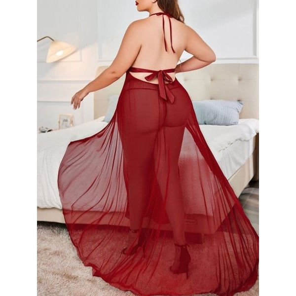 Fancyra Women Maroon Chemise Lace Split Long Maxi Baby Doll Dress Lingerie Nighty - Image 3