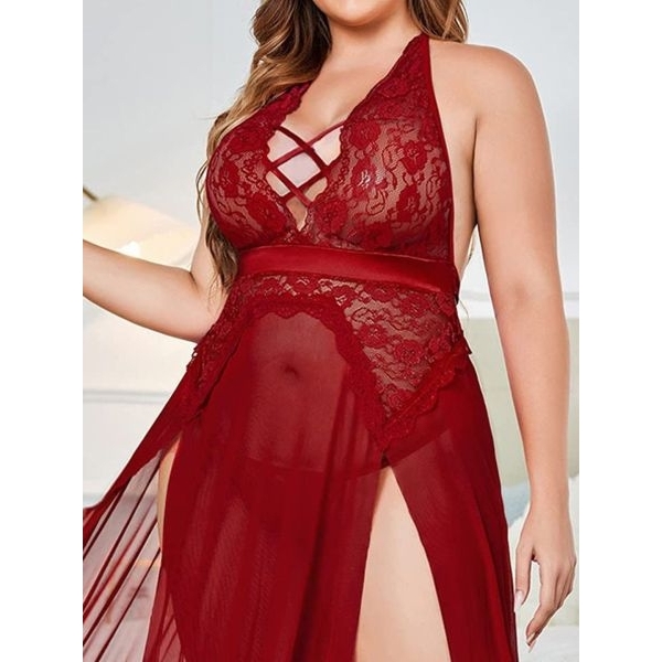 Fancyra Women Maroon Chemise Lace Split Long Maxi Baby Doll Dress Lingerie Nighty - Image 4