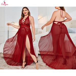 Fancyra Women Maroon Chemise Lace Split Long Maxi Baby Doll Dress Lingerie Nighty