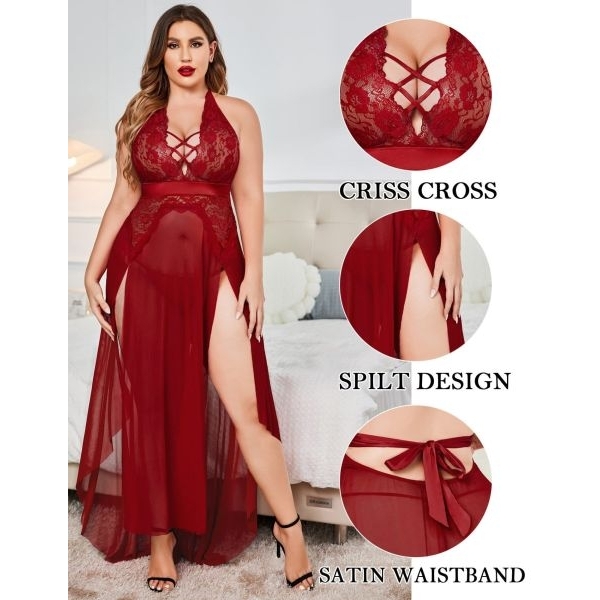 Fancyra Women Maroon Chemise Lace Split Long Maxi Baby Doll Dress Lingerie Nighty - Image 5