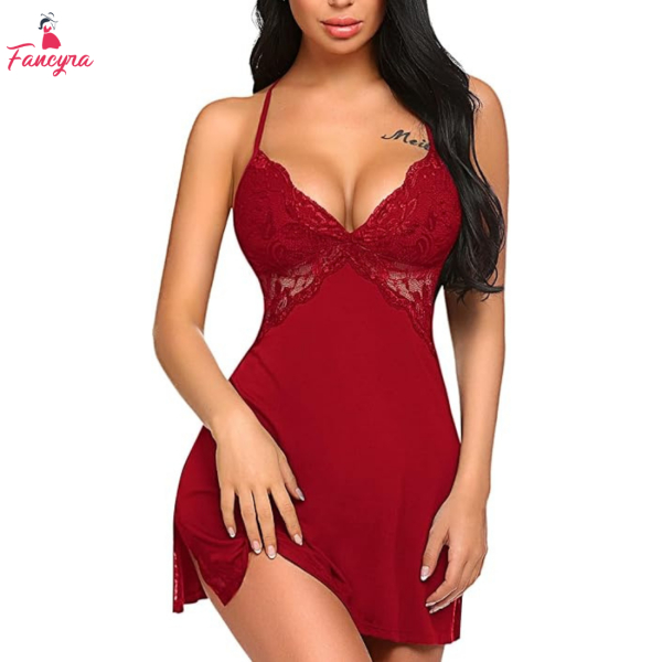 Fancyra Women Maroon Lace Lingerie Nightdress Spaghetti Strap Sleepwear Babydoll - Image 2