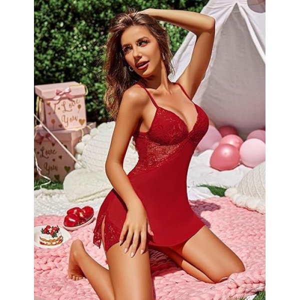 Fancyra Women Maroon Lace Lingerie Nightdress Spaghetti Strap Sleepwear Babydoll - Image 3