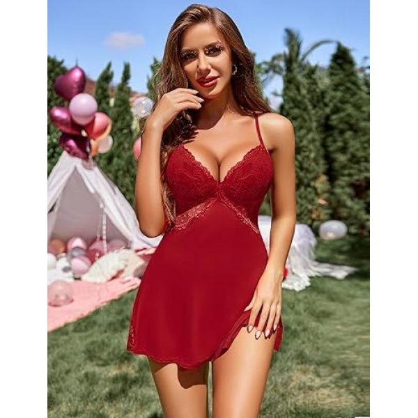 Fancyra Women Maroon Lace Lingerie Nightdress Spaghetti Strap Sleepwear Babydoll - Image 4