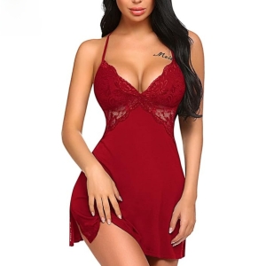 Fancyra Women Maroon Lace Lingerie Nightdress Spaghetti Strap Sleepwear Babydoll
