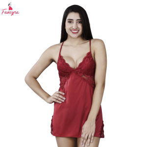 Fancyra Women Maroon Lace Self Design Baby Doll Lingerie Nightdress