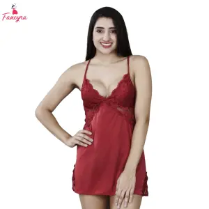 Fancyra Women Maroon Lace Self Design Baby Doll Lingerie Nightdress