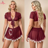 Fancyra Women Maroon Solid Hot Babydoll Front Tie Crop Top and Lace Trim Skirt Lingerie Set