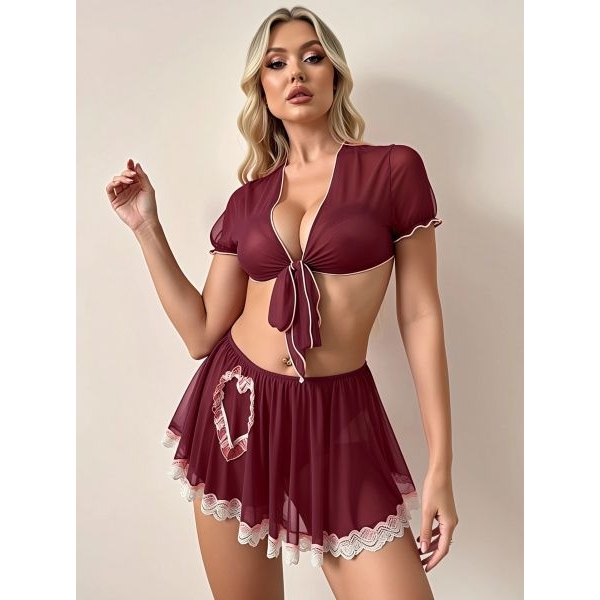 Fancyra Women Maroon Solid Hot Babydoll Front Tie Crop Top and Lace Trim Skirt Lingerie Set - Image 3