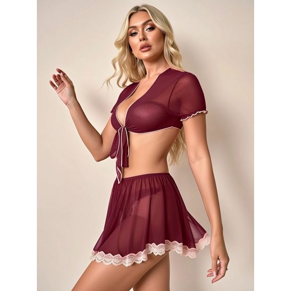 Fancyra Women Maroon Solid Hot Babydoll Front Tie Crop Top and Lace Trim Skirt Lingerie Set - Image 4