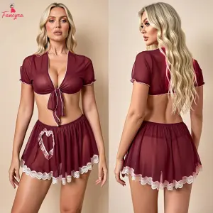 Fancyra Women Maroon Solid Hot Babydoll Front Tie Crop Top and Lace Trim Skirt Lingerie Set