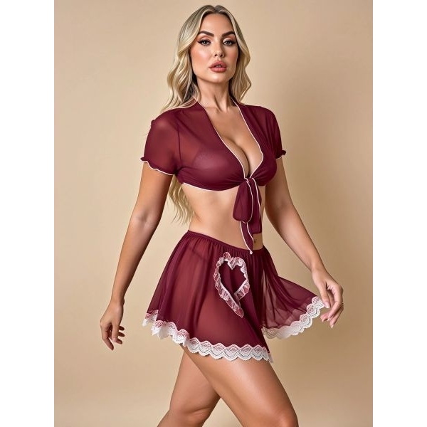 Fancyra Women Maroon Solid Hot Babydoll Front Tie Crop Top and Lace Trim Skirt Lingerie Set - Image 5