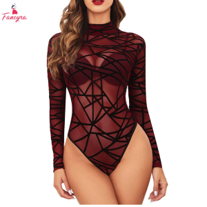 Fancyra Women Mesh Bodysuit Long Sleeve Perspective Tops Jumpsuit Lingerie