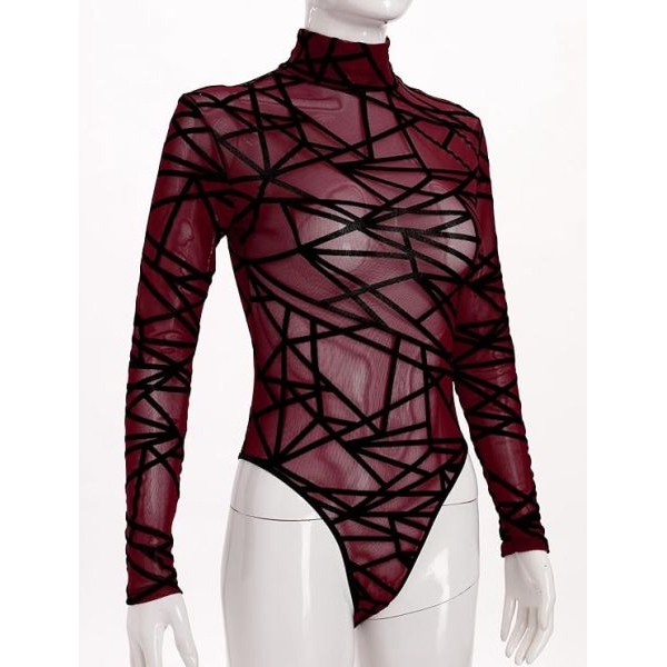 Fancyra Women Mesh Bodysuit Long Sleeve Perspective Tops Jumpsuit Lingerie - Image 5