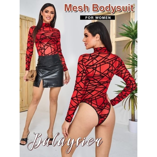 Fancyra Women Mesh Elegant Long Sleeve High Elasticity Bodysuit Lingerie - Image 3