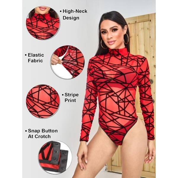 Fancyra Women Mesh Elegant Long Sleeve High Elasticity Bodysuit Lingerie - Image 4