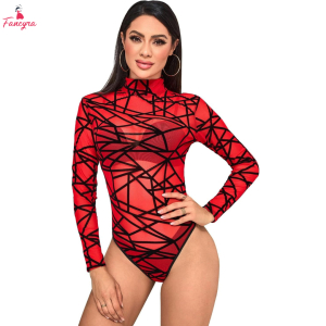 Fancyra Women Mesh Elegant Long Sleeve High Elasticity Bodysuit Lingerie