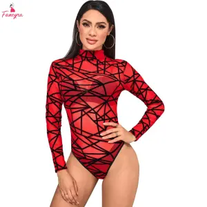 Fancyra Women Mesh Elegant Long Sleeve High Elasticity Bodysuit Lingerie