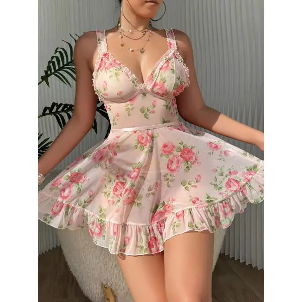 Fancyra Women Mesh Floral Print Nightdress See-through Babydoll Lingerie - Image 2