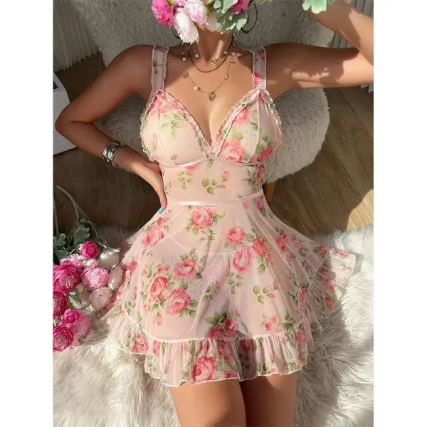 Fancyra Women Mesh Floral Print Nightdress See-through Babydoll Lingerie - Image 3