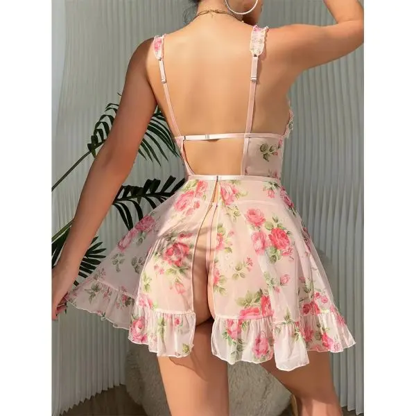 Fancyra Women Mesh Floral Print Nightdress See-through Babydoll Lingerie - Image 4