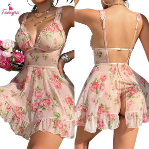Fancyra Women Mesh Floral Print Nightdress See-through Babydoll Lingerie