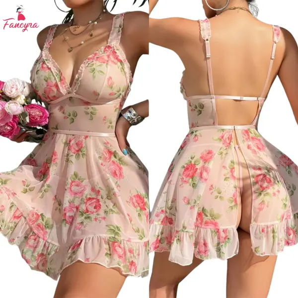 Fancyra Women Mesh Floral Print Nightdress See-through Babydoll Lingerie