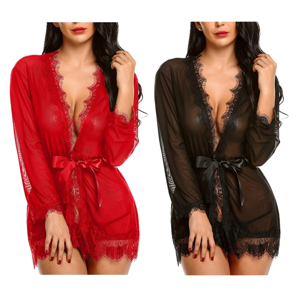Fancyra Women Mesh Lace Combo Lingerie Robe Gown Bathrobes Nightwear Free Size - Image 4