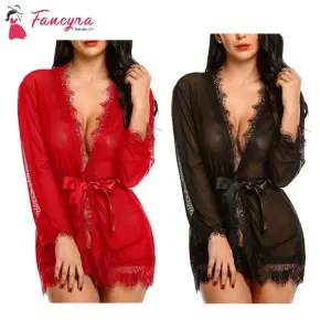 Fancyra Women Mesh Lace Combo Lingerie Robe Gown Bathrobes Nightwear Free Size