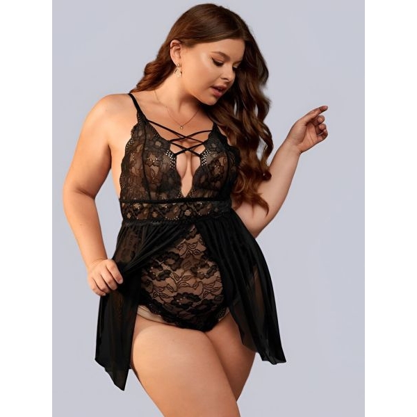 Fancyra Women Mesh Lace Crisscross Teddy Bodysuit Lingerie Nighty - Image 3