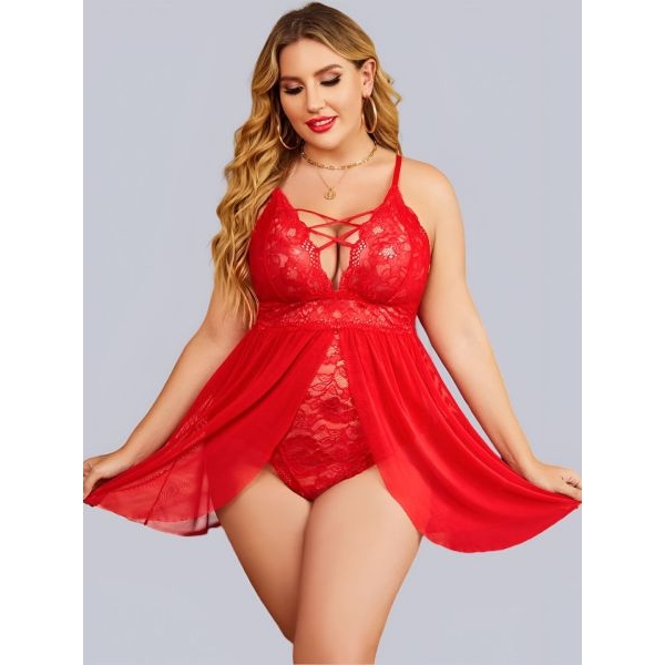 Fancyra Women Mesh Lace Self Design Shoulder Straps Bodysuit Lingerie Nighty - Image 2