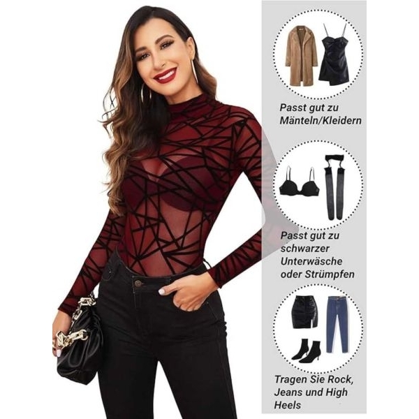 Fancyra Women Mesh Semi-Transparent Long Sleeve Hot High Elasticity Bodysuit Lingerie - Image 3