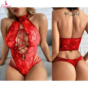 Fancyra Women Mesh Teddy Bodysuit Exotic Halter Strappy Bodysuit Lingerie