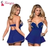 Fancyra Women Microfiber Net Solid Above Knee Nightwear Babydoll Lingerie With G String Panty Free Size Blue Color