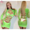 Fancyra Women Neon Green Long Sleeve Dress Hollow Out Mesh Lingerie Stocking