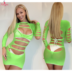 Fancyra Women Neon Green Long Sleeve Dress Hollow Out Mesh Lingerie Stocking