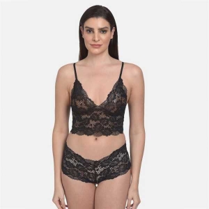 Fancyra Women Net Lace Lingerie Bra Panty Set Free Size Black Color