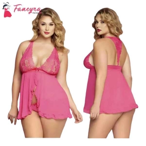 Fancyra Women Net Lace Nightwear Babydoll Dress With G String Panty Free Size Pink Color