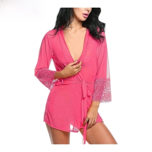 Fancyra Women Net Lace Robe Lingerie Pink with Seamless Underwear