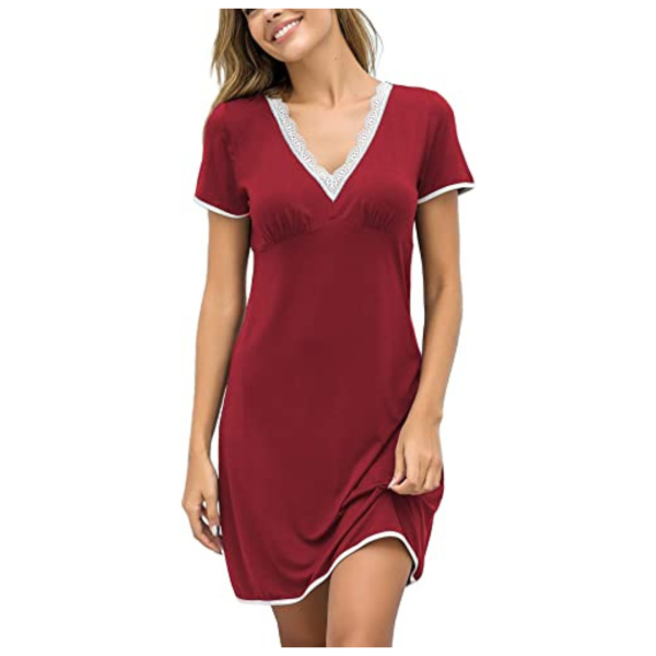 Fancyra Women Nightgowns Sleep Shirts Lace Trim V Neck Short Sleeve Sleepwear Soft Nightshirt - Image 3