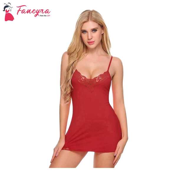 Fancyra Women Nightwear Babydoll Bridal Nighty for Honeymoon With G String Panty Free Size Red Color