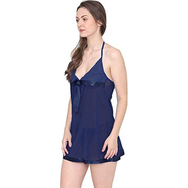 Fancyra Women Nightwear Blended Knee Length Babyoll Lingerie Sleepwear Set With G String Panty Free Size Navy Blue Color - Image 5