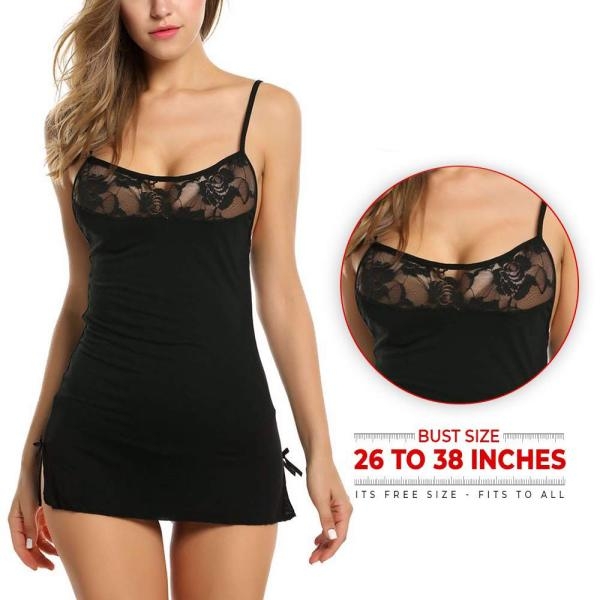 Fancyra Women Nightwear Dress Plain Lingerie Above Knee Babydoll Sleepwear with G String Panty Free Size Black Color - Image 2