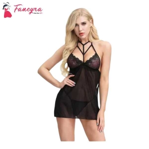 Fancyra Women Nightwear Lingerie Babydoll for Sleepwear With G String Panty Black Color Free Size