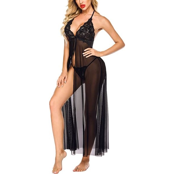 Fancyra Women Nightwear Lingerie Lace Babydoll High Split Maxi Long Gown With G String Panty Free Size Black Color - Image 2