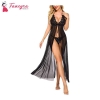 Fancyra Women Nightwear Lingerie Lace Babydoll High Split Maxi Long Gown With G String Panty Free Size Black Color