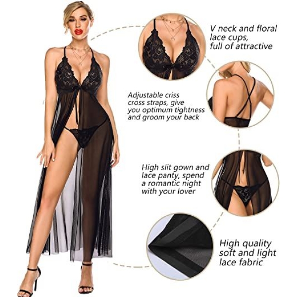 Fancyra Women Nightwear Lingerie Lace Babydoll High Split Maxi Long Gown With G String Panty Free Size Black Color - Image 3